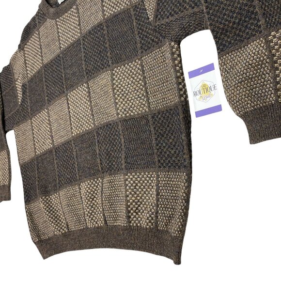 David Taylor Mens XXL Brown Pullover Sweater Knitted Checkerboard Crew Neck 90s - Picture 13 of 16